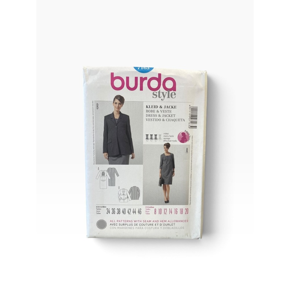 Burda Style 7163 Dress Jacket Sewing Pattern US Sizes 8-20 Misses Modern Uncut